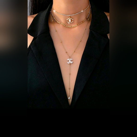 3pcs/Set Layered Necklace Set Includes CC Pendant Sparkling Rhinestone